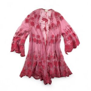 Pink Sheer Lace Kimono Womens L Floral Fairycore Coquette Boho Festival